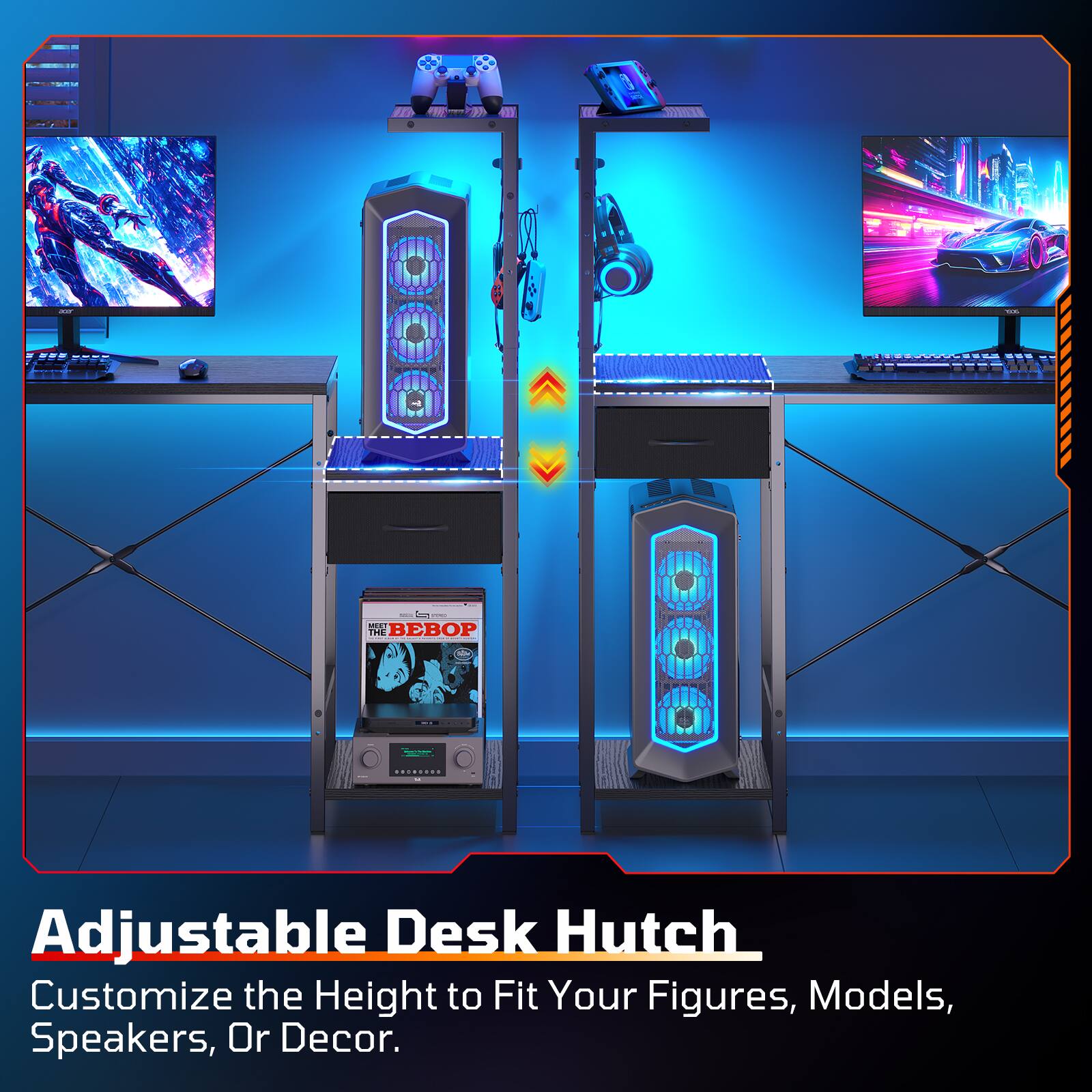 40

- CETER MEST THE    - 1  

Adjustable Desk Hutch Customize the Height to Fit Your Figures, Models, Speakers, Or Decor.