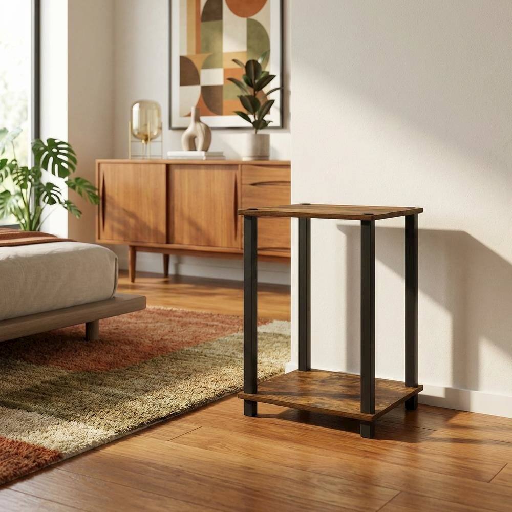 Left. FurniFact - Wooden nightstand in amber pine finish with sleek black accents - Amber Pine/Black.