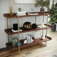 Martha Stewart - Emmett Display Bookcase with Vertical Steel Posts - Walnut Wood Grain/Polished Brass - Walnut Wood Grain/Polished Brass Frame - Front_Zoom