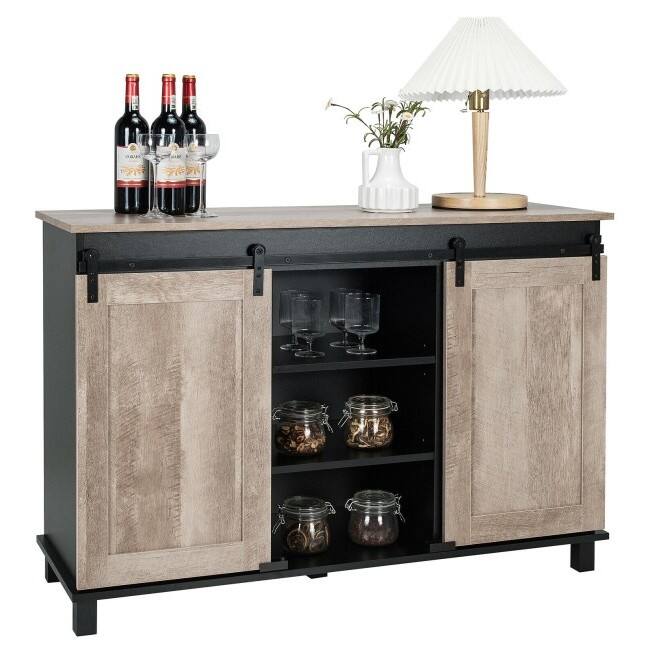Angle. Hivvago - FarmHouse Sliding Barn Doors Kitchen Buffet Storage Cabinet - Brown, Black.