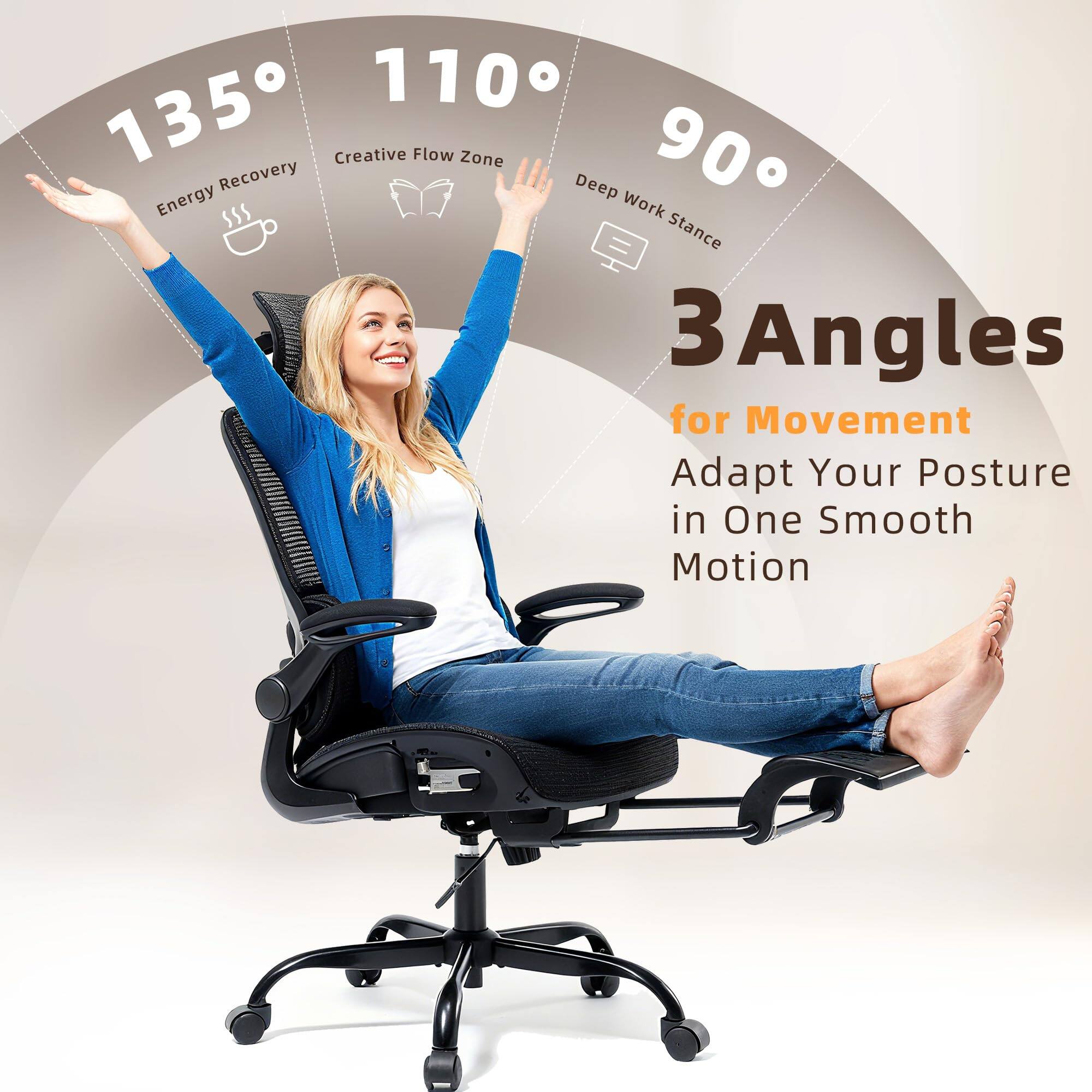 135° Energy Recovery  
110° Creative Flow Zone  
90° Deep Work Stance  

3 Angles for Movement  
Adapt Your Posture in One Smooth Motion