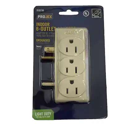 3539798 PROJEX UL B GROUNDED INDOOR 6-OUTLET ADAPTOR DE 6 TOM PARA USO INTERIOR GROUNDED CONECTADO A TIERRA Ivory Marfil AE acined ! AN 4 BmN atng 2 DN LIGHT DUTY 125 VOLTS/15 AMP