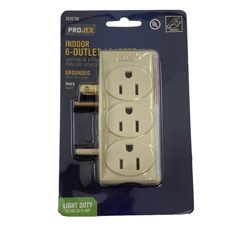 3539798 PROJEX UL B GROUNDED INDOOR 6-OUTLET ADAPTOR DE 6 TOM PARA USO INTERIOR GROUNDED CONECTADO A TIERRA Ivory Marfil AE acined ! AN 4 BmN atng 2 DN LIGHT DUTY 125 VOLTS/15 AMP