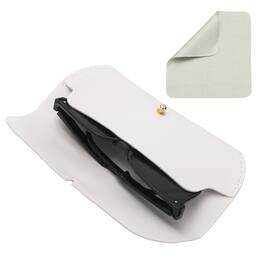 Unique Bargains - Leather Eyeglass Case 7.1x1.2x2.9" Portable Pouch with Strap & Cleaning Cloth - White