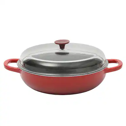 Front. Crockpot - Crock Pot 5 Quart Enameled Cast Iron Multi Use Everday Pan With Borosilicate Lid in Red - Red.