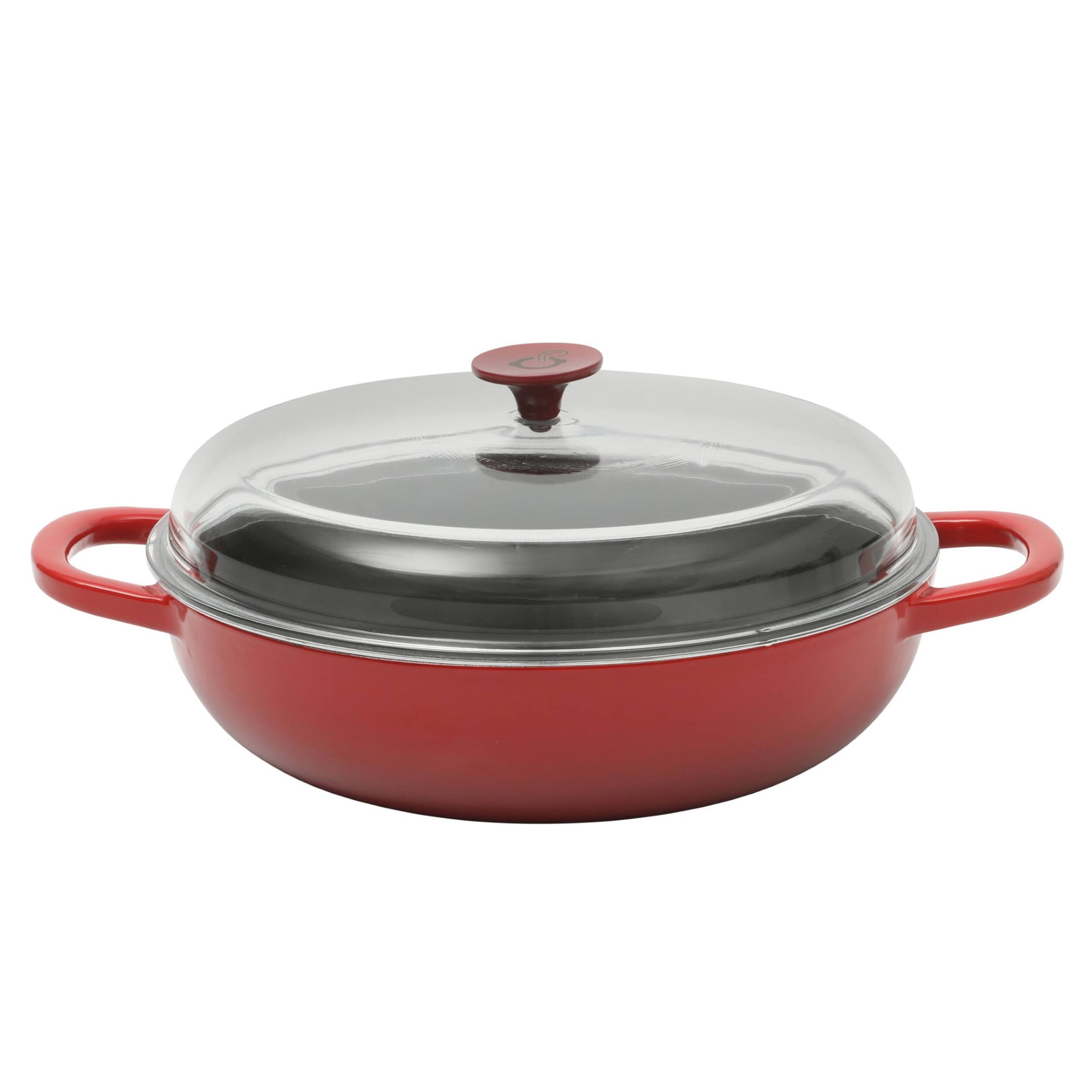 Front. Crockpot - Crock Pot 5 Quart Enameled Cast Iron Multi Use Everday Pan With Borosilicate Lid in Red - Red.