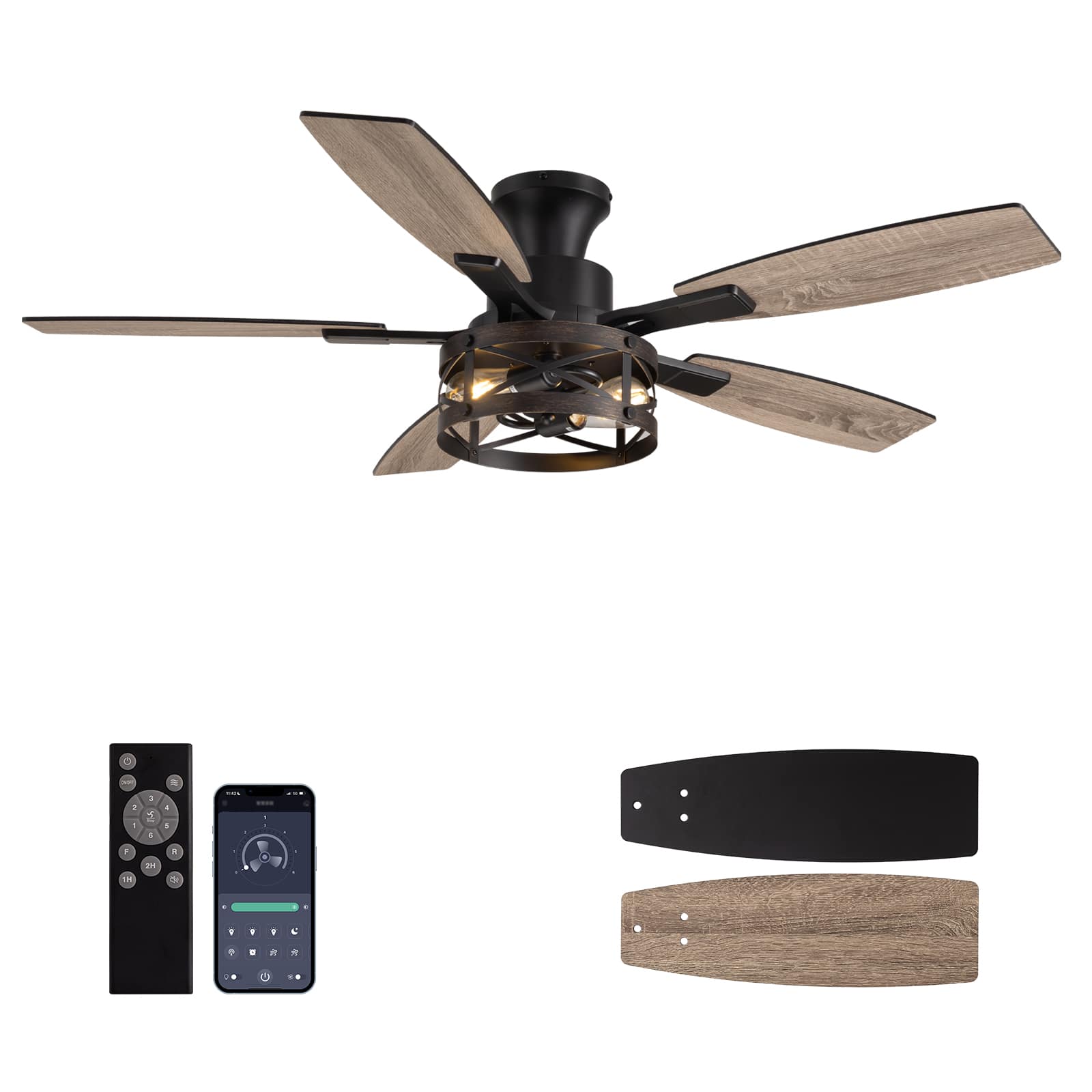 Siljoy - 52 Inch Caged Farmhouse Ceiling Fan with Lights, Remote & APP Control for Bedroom, Living Room, Indoor/Outdoor - Black