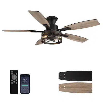 Front. Siljoy - 52 Inch Black Caged Farmhouse Ceiling Fan with Lights, Remote & APP Control for Bedroom, Living Room, Indoor/Outdoor - Black.