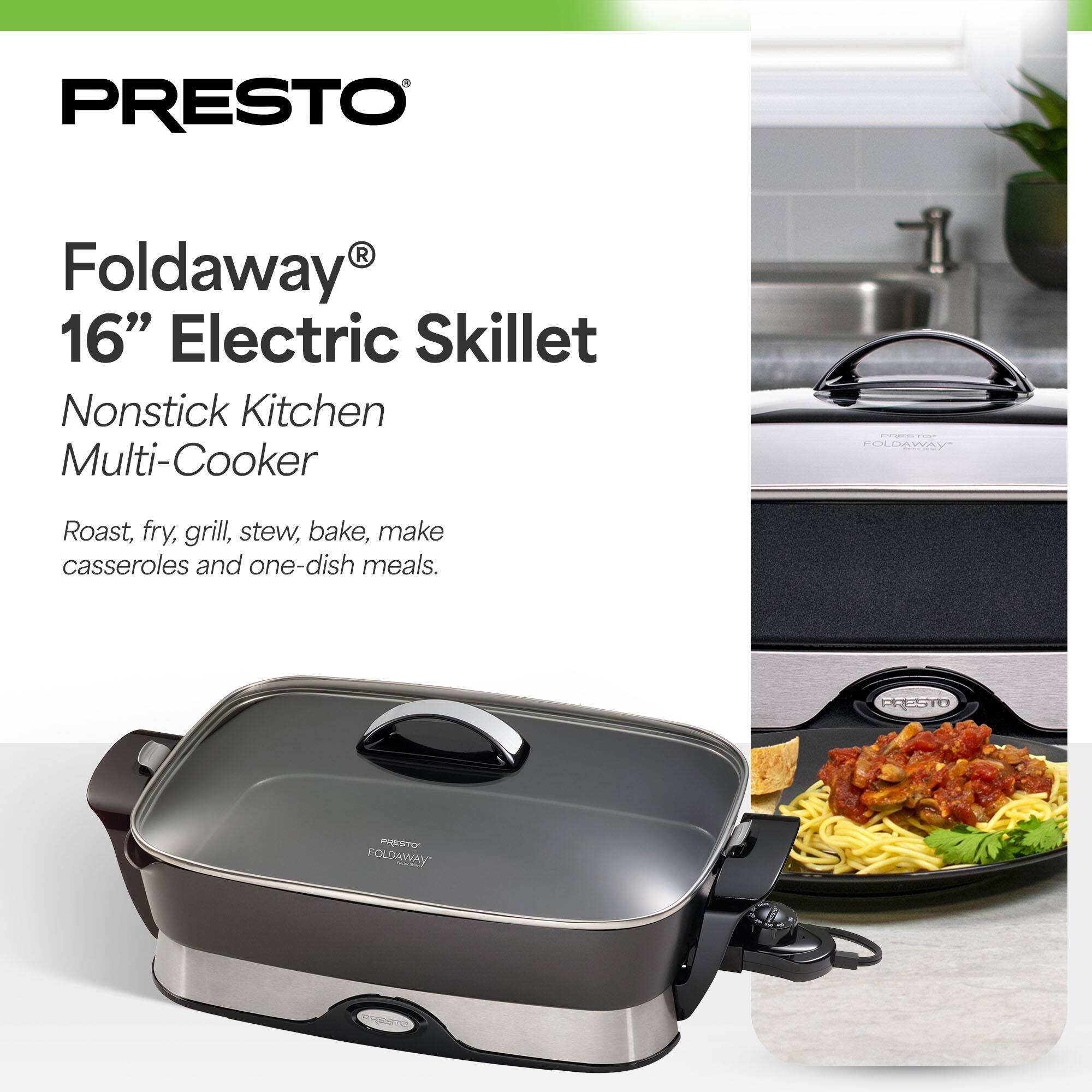 PRESTO Foldaway 16" Electric Skillet Nonstick Kitchen Multi-Cooker - Roast, fry, grill, stew, bake, make casseroles and one-dish meals.