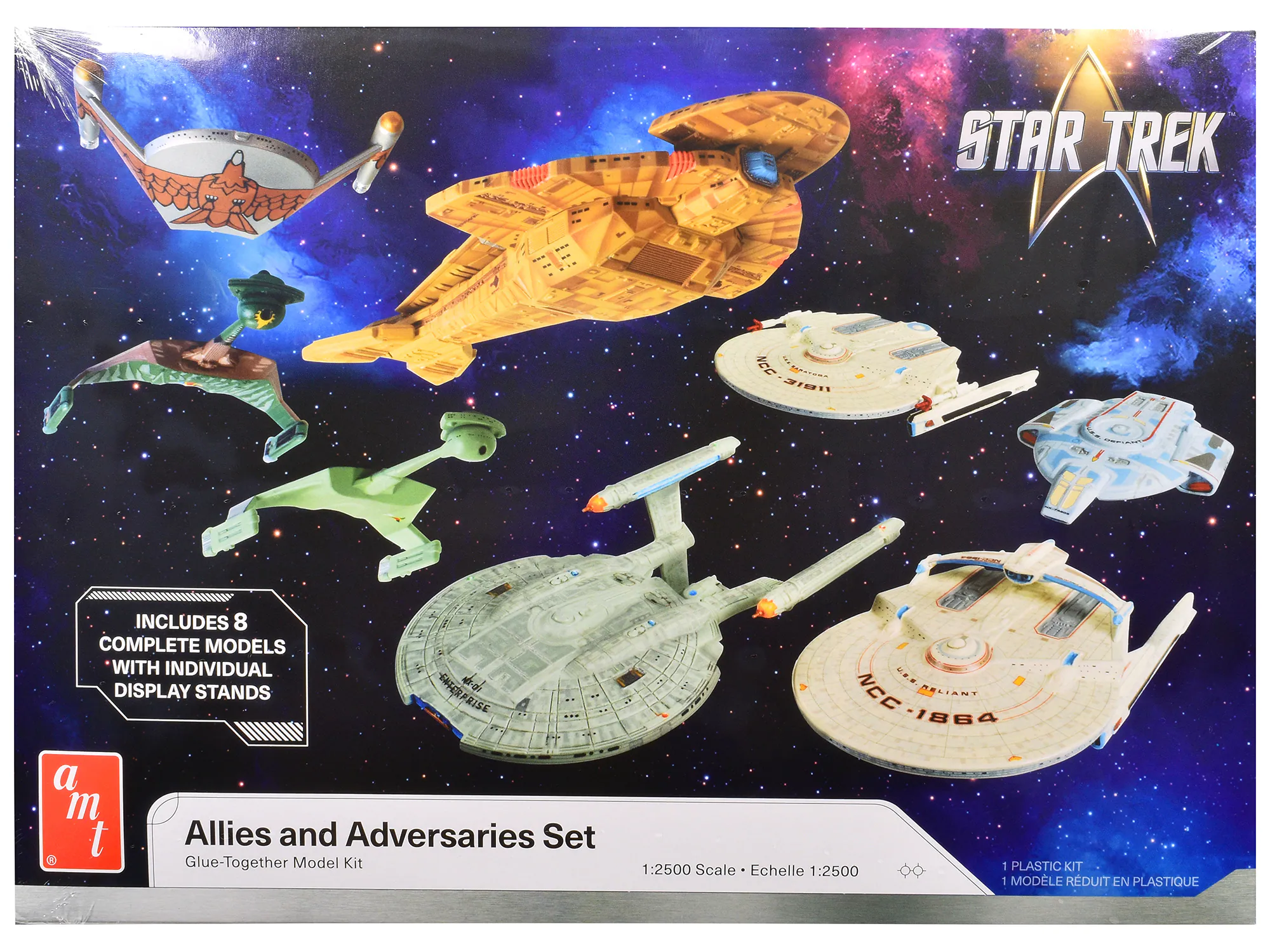 STAR TREK  
Allies and Adversaries Set  
Glue-Together Model Kit  

INCLUDES 8 COMPLETE MODELS WITH INDIVIDUAL DISPLAY STANDS  

1:2500 Scale • Échelle 1:2500  
1 PLASTIC KIT • 1 MODÈLE RÉDUIT EN PLASTIQUE  

a m t