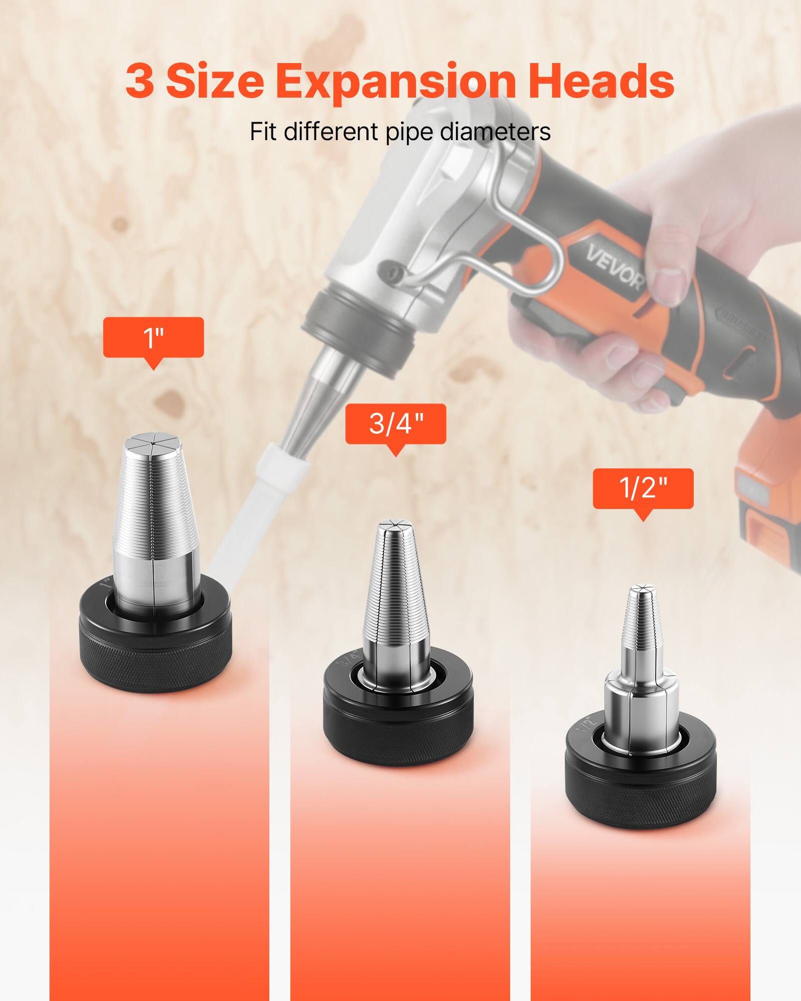 3 Size Expansion Heads  
Fit different pipe diameters  
1"  
3/4"  
1/2"