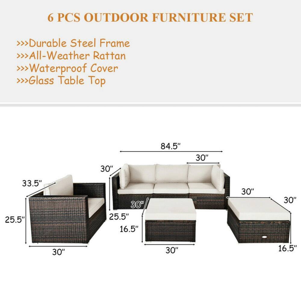 6 PCS OUTDOOR FURNITURE SET

- Durable Steel Frame
- All-Weather Rattan
- Waterproof Cover
- Glass Table Top

Dimensions:
- Sofa: 84.5" L x 30" W x 33.5" H
- Armchair: 30" W x 25.5" D x 30" H
- Ottoman: 30" W x 25.5" D x 16.5" H