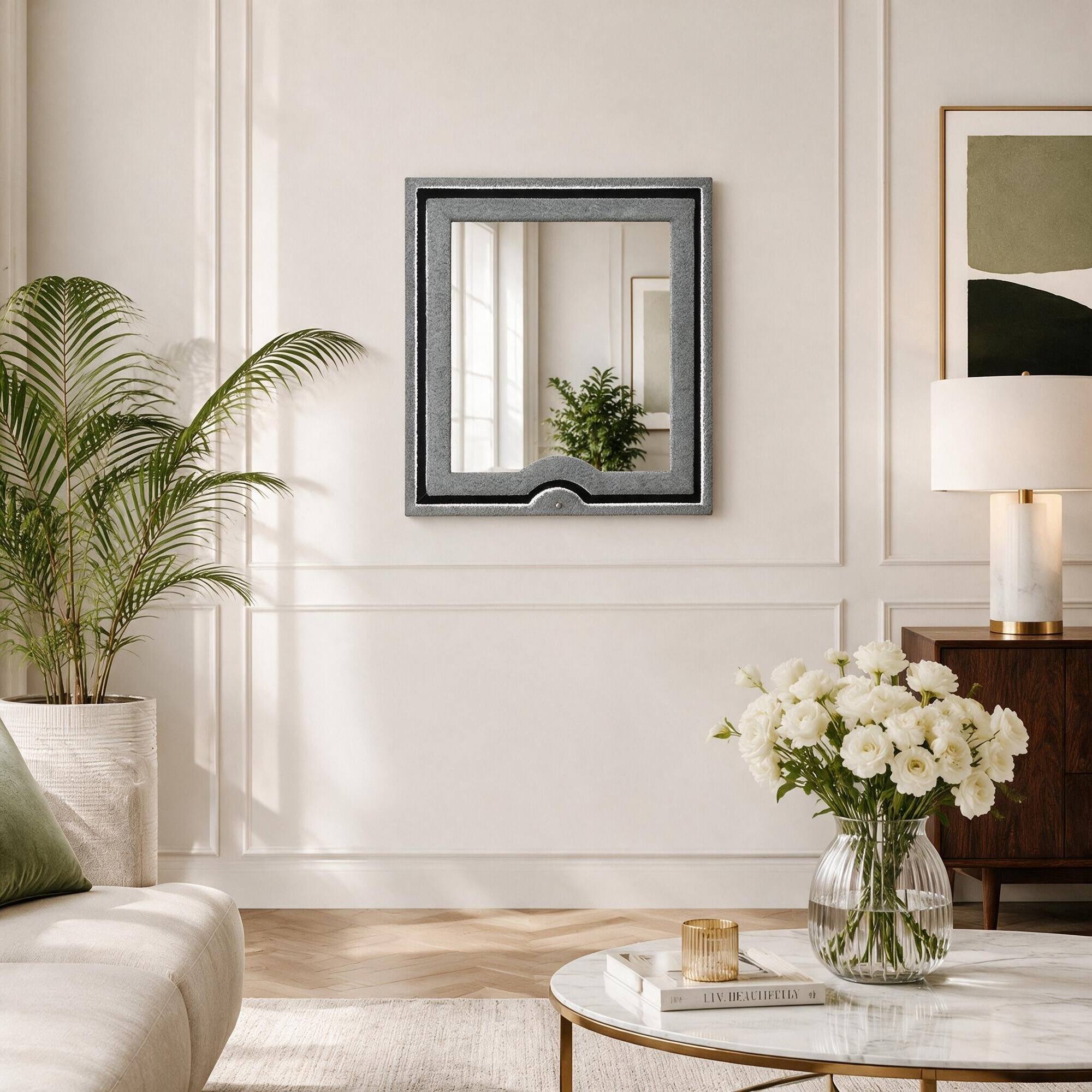 Back. RYHNUYNE - Gray Upholstered Dresser Mirror, Large Rectangular Frame, LED Lit, Attaches to Dresser - Gray.