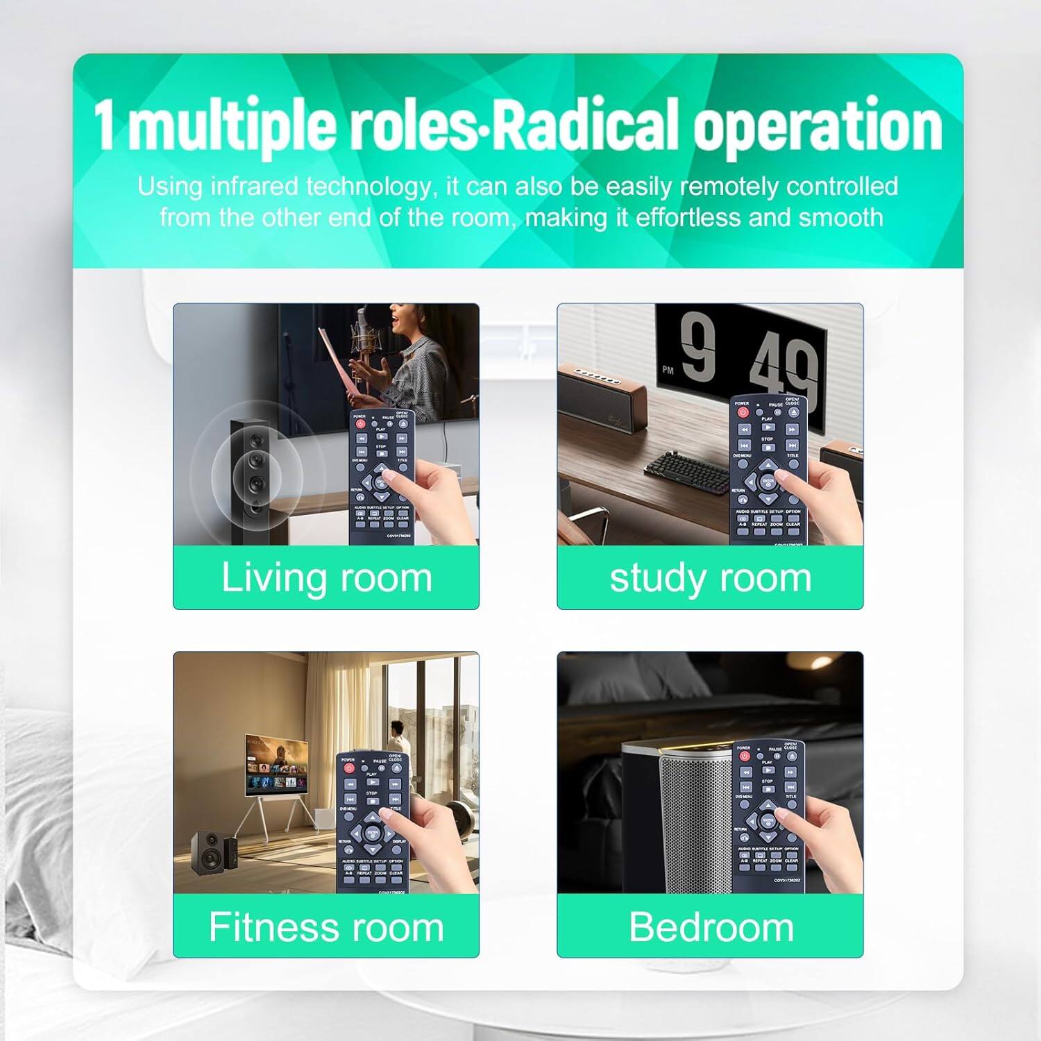 1 multiple roles-Radical operation  
Using infrared technology, it can also be easily remotely controlled from the other end of the room, making it effortless and smooth.  

- Living room  
- study room  
- Fitness room  
- Bedroom
