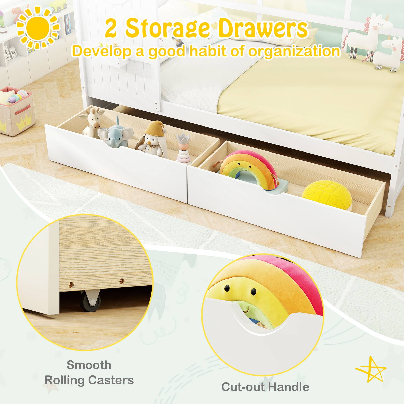 2 Storage Drawers  
Develop a good habit of organization  

Smooth Rolling Casters  
Cut-out Handle