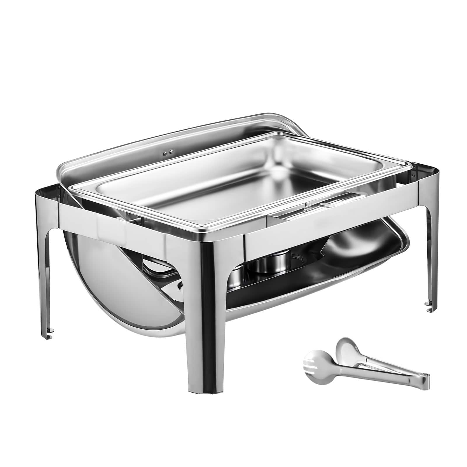 Front. VEVOR - Roll Top Chafing Dish Buffet Set, 9 Qt 1 Pack Stainless Steel Chafer with 2 Half Size Pans, Rectangle Warmer Server - Silver.