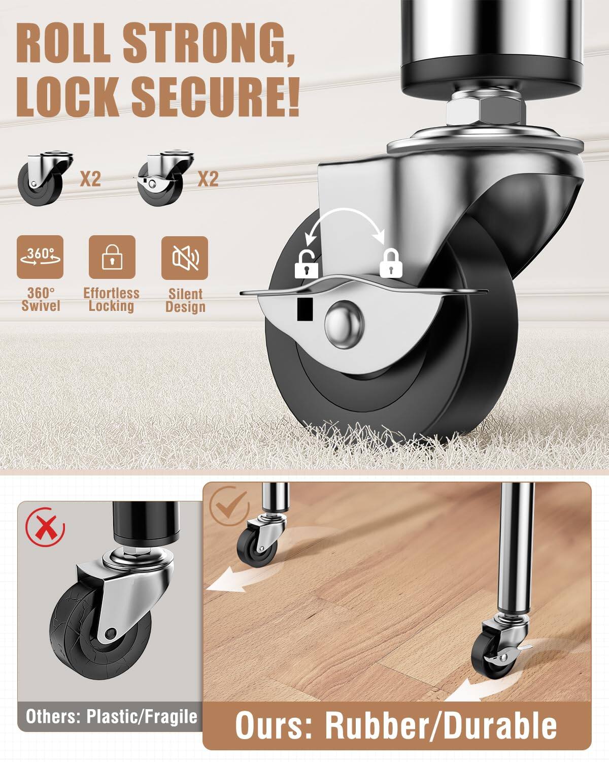ROLL STRONG, LOCK SECURE!

X2 X2

360° Swivel
Effortless Locking
Silent Design

Others: Plastic/Fragile
Ours: Rubber/Durable