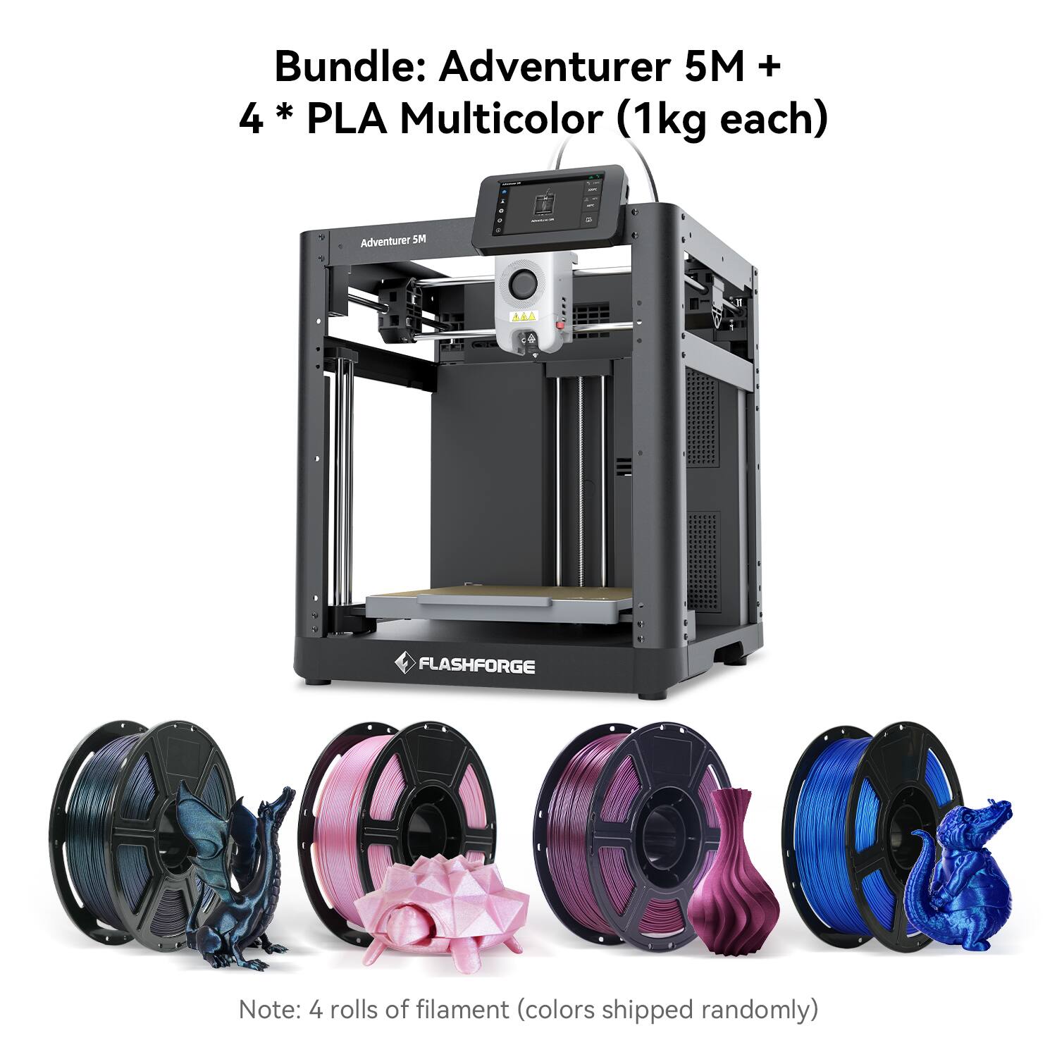 Bundle: Adventurer 5M + 4 * PLA Multicolor (1kg each)  
Note: 4 rolls of filament (colors shipped randomly)