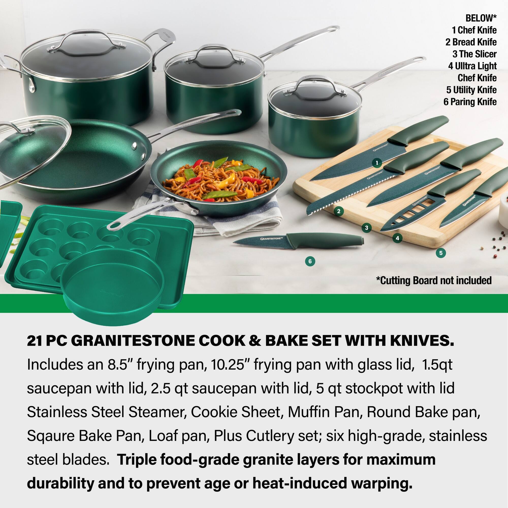 BELOW* 1 Chef Knife 2 Bread Knife 3 The Slicer 4 Ultra Light Chef Knife 5 Utility Knife 6 Paring Knife 1 2 3 4 6 & *Cutting Board not included 21 PC GRANITESTONE COOK & BAKE SET WITH KNIVES. Includes an 8.5" frying pan, 10.25" frying pan with glass lid, 1.5qt saucepan with lid, 2.5 qt saucepan with lid, 5 qt stockpot with lid Stainless Steel Steamer, Cookie Sheet, Muffin Pan, Round Bake pan, Square Bake Pan, Loaf pan, Plus Cutlery set; six high-grade, stainless steel blades. Triple food-grade granite layers for maximum durability and to prevent age or heat-induced warping.