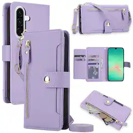 Dteck - Zipper Wallet Case for Samsung Galaxy A17 5G,Detachable Crossbody Flip Faux Leather Card Slots Kickstand Cover+Lanyard - Purple
