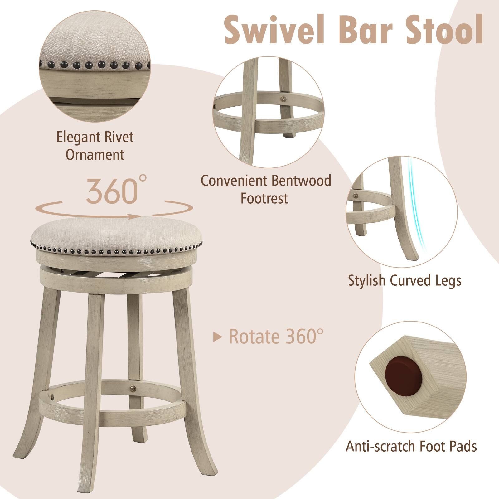 Swivel Bar Stool

- Elegant Rivet Ornament
- Convenient Bentwood Footrest
- Stylish Curved Legs
- Rotate 360°
- Anti-scratch Foot Pads