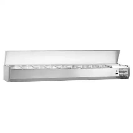 Front. Equator - Equator Vitlife Commercial Refrigerator Condiment Prep Station, Stainless Steel Lid, 9 Pan (GN1/3×9), 33–41°F, 78.7" - Stainless Steel.