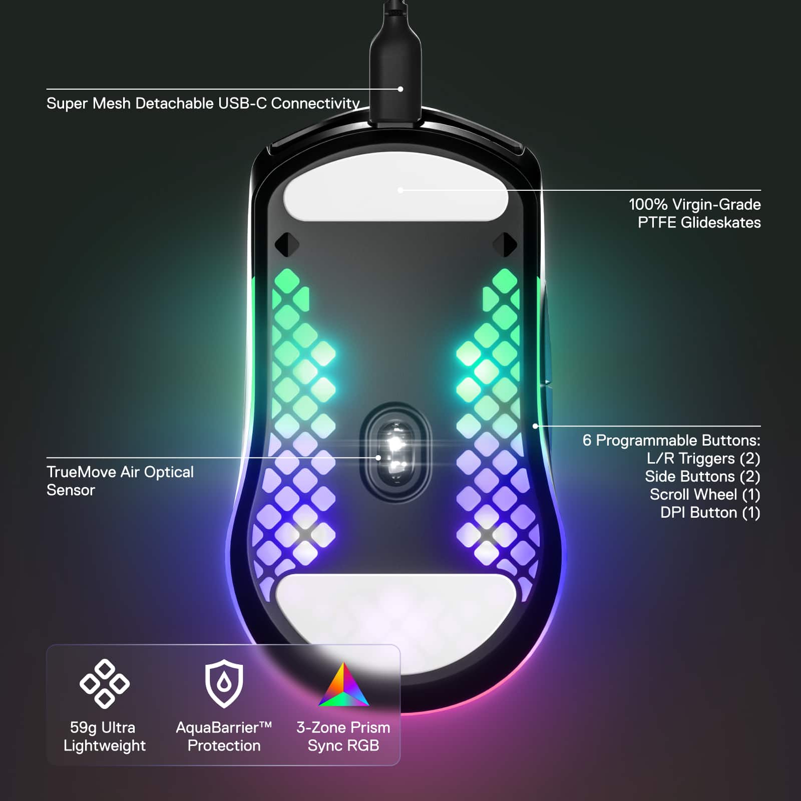 Super Mesh Detachable USB-C Connectivity, 100% Virgin-Grade PTFE Glideskates, TrueMove Air Optical Sensor, 6 Programmable Buttons: L/R Triggers (2), Side Buttons (2), Scroll Wheel (1), DPI Button (1), 59g Ultra AquaBarrierM 3-Zone Prism Lightweight Protection, Sync RGB.