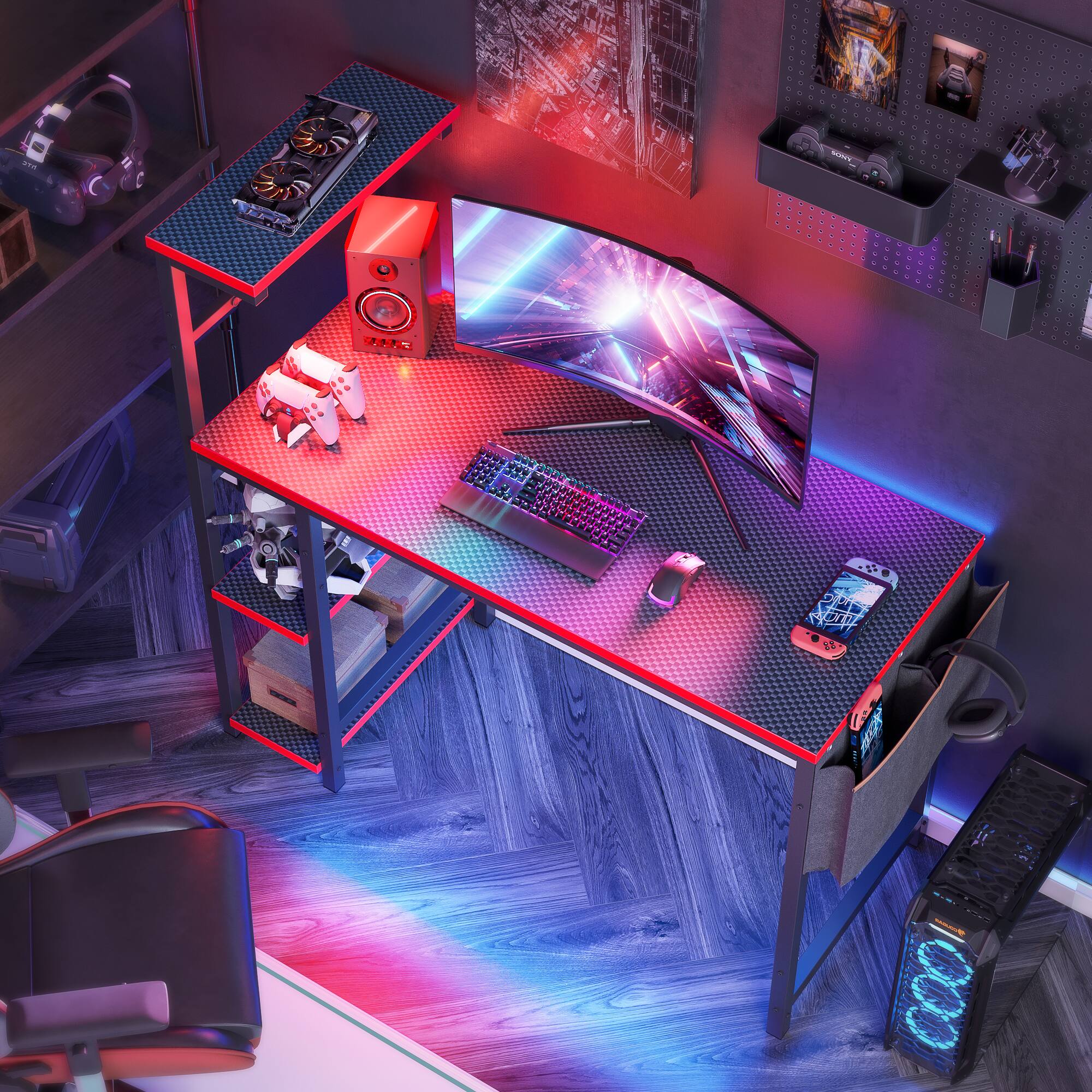 Alt View 3. Bestier - 44'' RGB Gaming Desk, PC Gaming Desk with Reversible Shelves & Side Storage, Gaming Computer Desk for Home Office - Red.