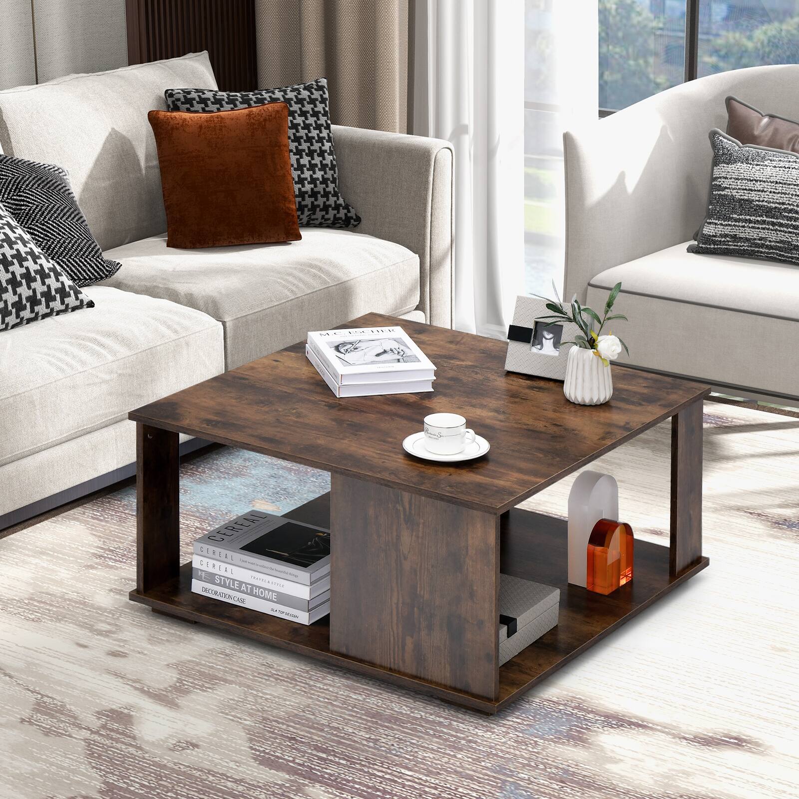 The image features a living room with a brown wooden coffee table in the center. The table is adorned with a vase of flowers and a cup of coffee. The room also contains a couch and a chair, both placed around the coffee table. The overall style of the living room appears to be modern and inviting.
