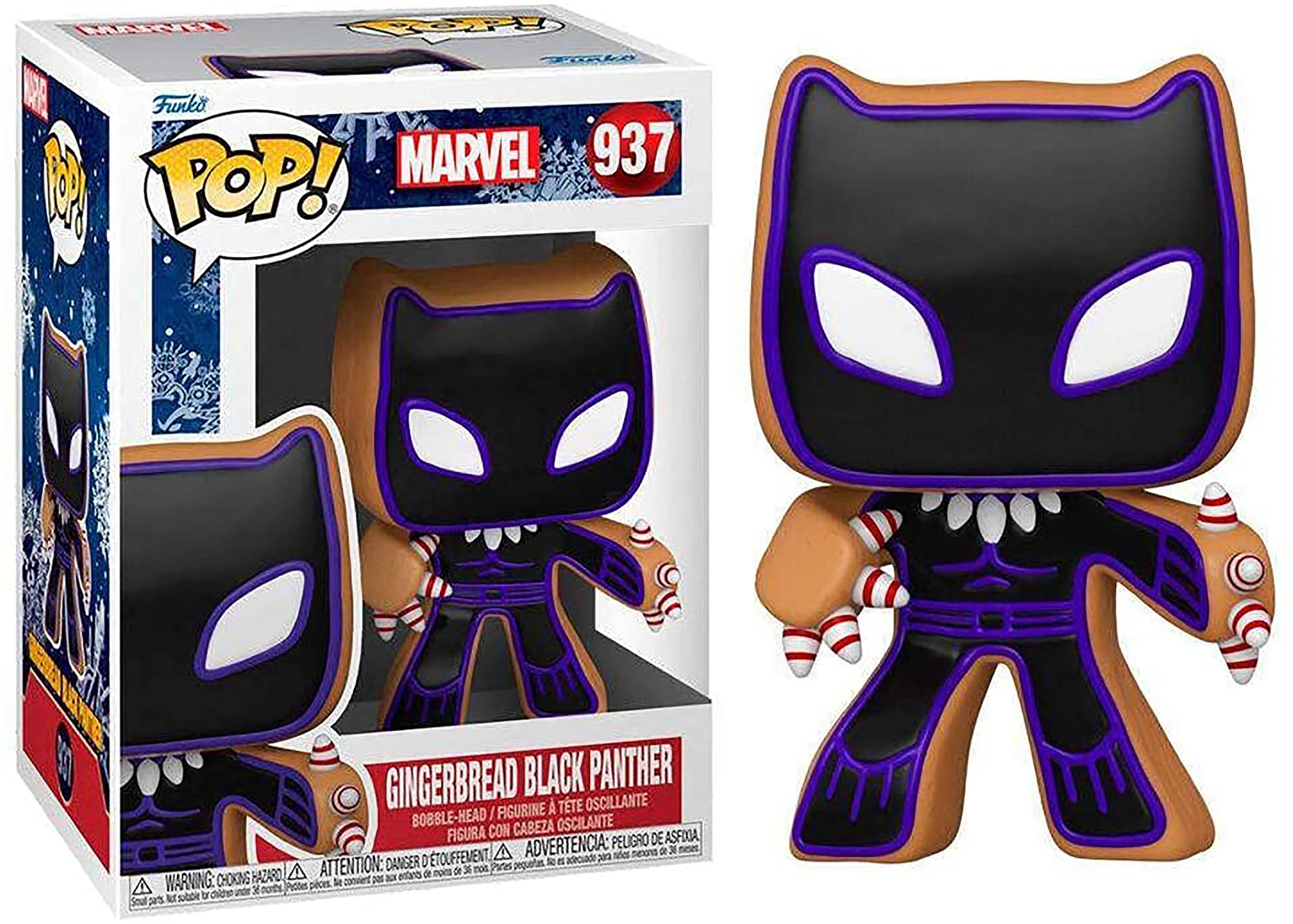 Sure, here is the corrected and grouped text from the image:

---

**Front of the Box:**

- **Top Left:** Funko POP!
- **Top Right:** MARVEL 937
- **Center:** GINGERBREAD BLACK PANTHER
- **Bottom:** WARNING: CHOKING HAZARD - Small parts. Not for children under 3 years. ATTENTION: PELIGRO DE ASFIXIA - Piezas pequeñas. No es adecuado para niños menores de 3 años. ADVERTENCIA: DANGER - TOUFFEMENT - Pièces petites. Ne convient pas aux enfants de moins de 3 ans.

**Side of the Box:**

- **Left Side:** GINGERBREAD BLACK PANTHER
- **Bottom:** FIGURA CON CABEZA OSCILANTE / FIGURINE À TÊTE OSCILLANTE / OSCILLATING-HEAD FIGURE

**Back of the Box:**

- **Top Left:** Funko POP!
- **Top Right:** MARVEL 937
- **Center:** GINGERBREAD BLACK PANTHER
- **Bottom:** WARNING: CHOKING HAZARD - Small parts. Not for children under 