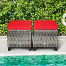 Gymax - Set of 2 Rattan Patio Ottoman Footrest Wicker Footstool w/ Cushions - Red