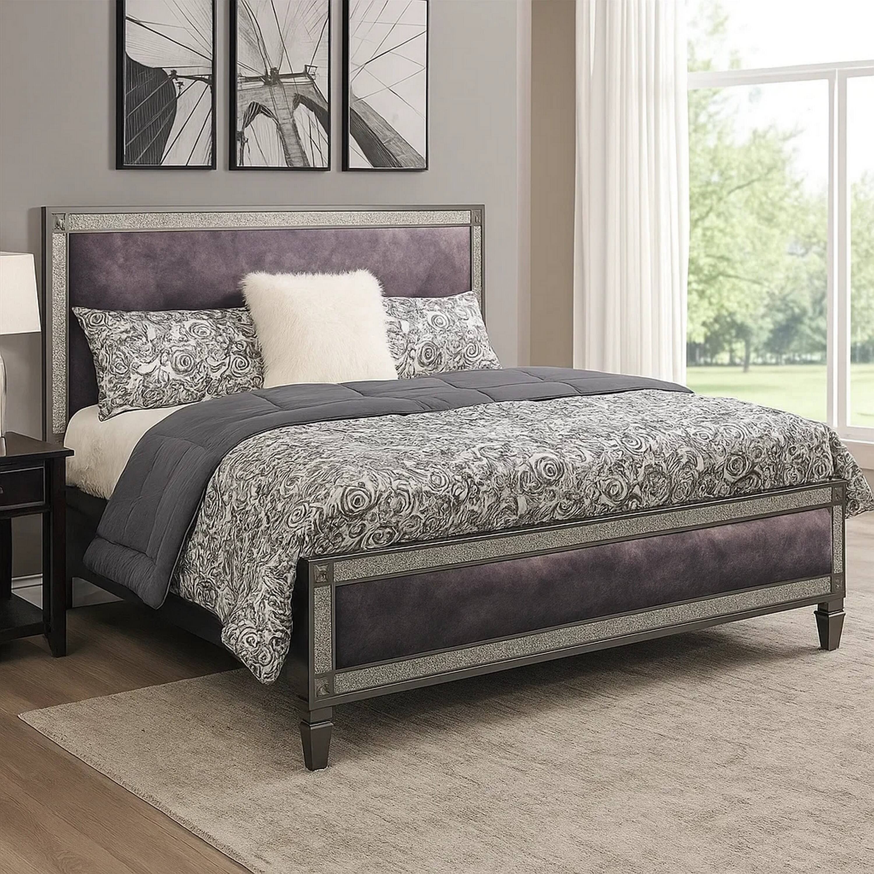 Alt View 2. Manhattan Lane - Laine Full Bed, Glam Crystal Acrylic Trim, Gray Fabric Upholstered - Gray.