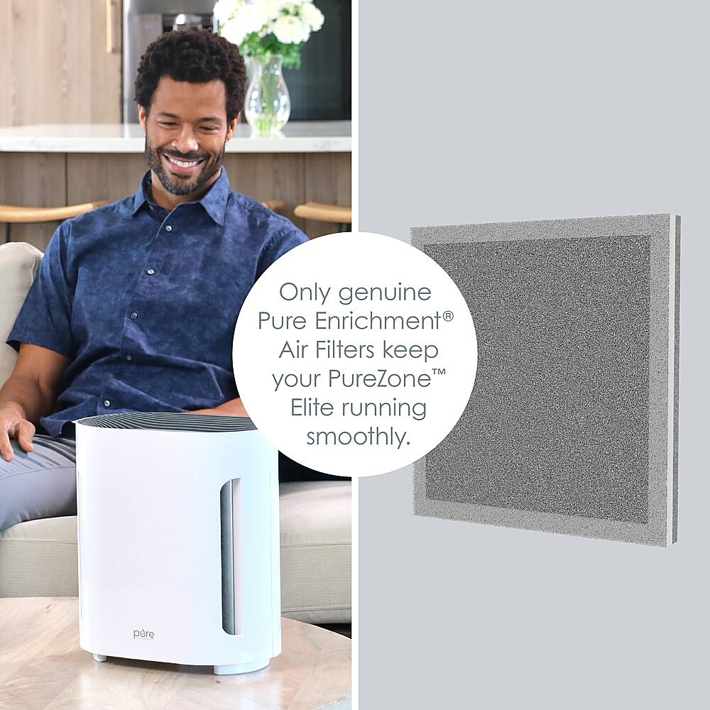 The image shows a man sitting on a couch next to a white air purifier. The ad promotes the air purifier as the only genuine A Pure Enrichment Air Filters that keep your PureZone Elite running smoothly. The ad emphasizes the importance of using genuine filters to ensure optimal performance and longevity of the air purifier.