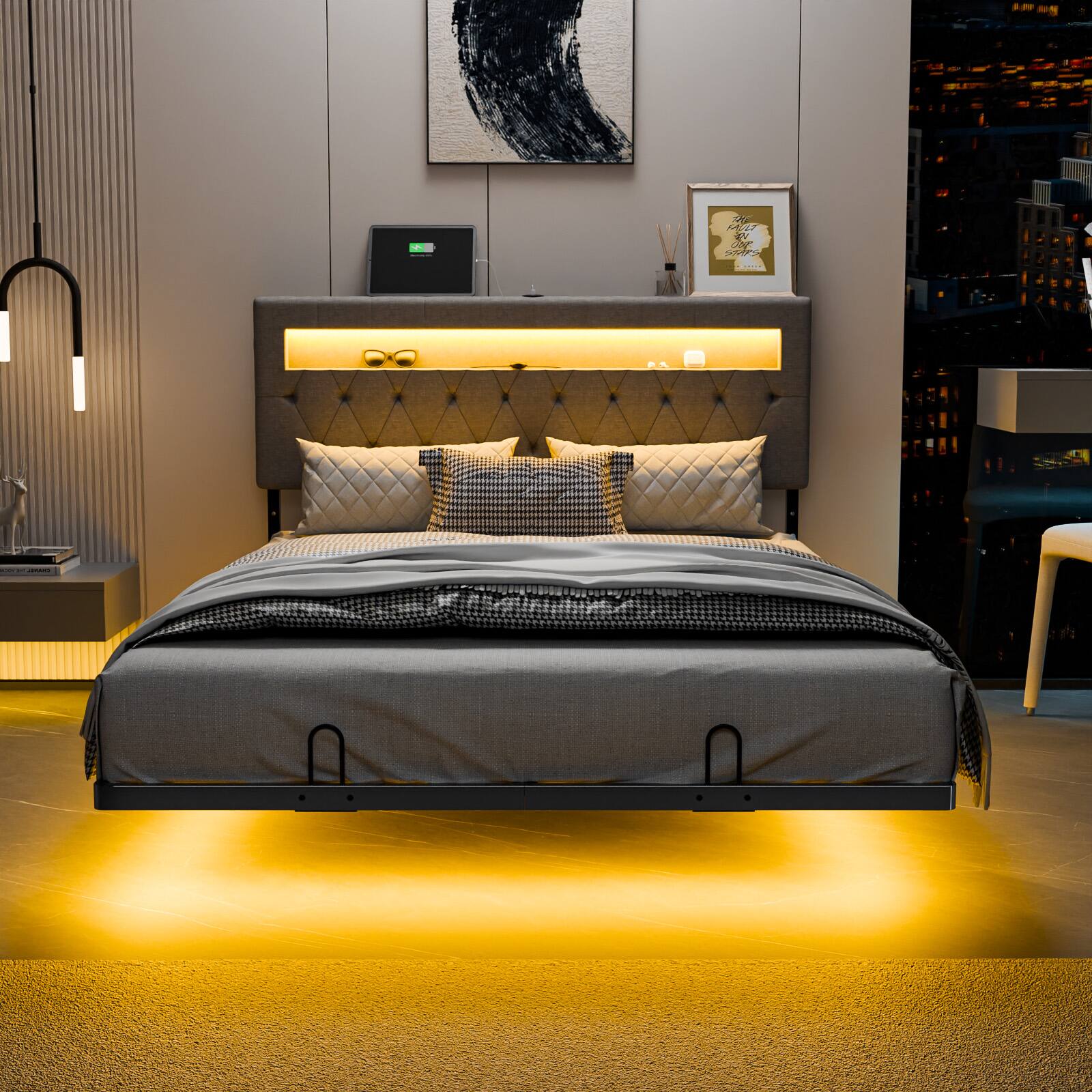 Alt View 8. Winado - Full Metal Modern Floating Platform Bed Frame with Adjustable Headboard,Charging Station/LED Lights,No Box Spring Needed - Grey.