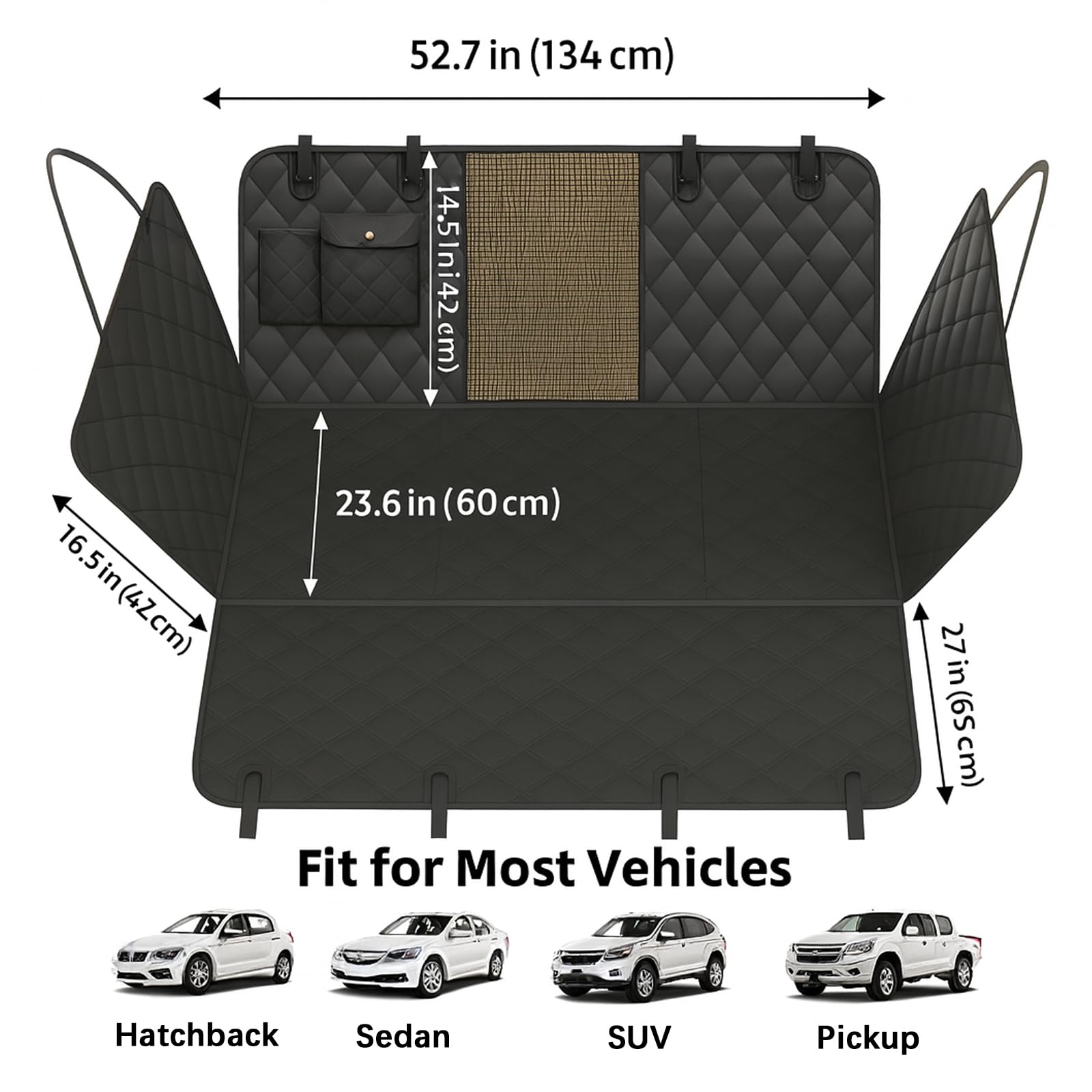 Sure, here is the corrected and grouped text from the image:

---

**Dimensions:**

- Length: 52.7 in (134 cm)
- Width: 23.6 in (60 cm)
- Height: 16.5 in (42 cm)
- Depth: 14.5 in (37 cm)
- Side Height: 27 in (65 cm)

**Fit for Most Vehicles:**

- Hatchback
- Sedan
- SUV
- Pickup

---