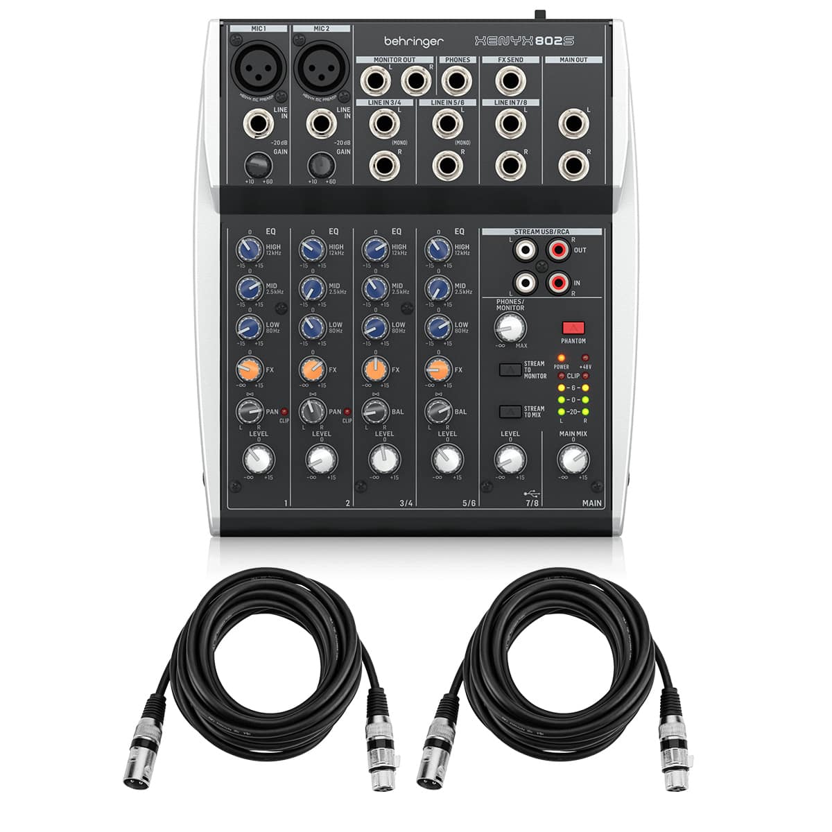 Behringer - XENYX 802S Premium 8-Channel Analog Mixer with USB Streaming Interface, Bundle with 2x 15' XLR Microphone
