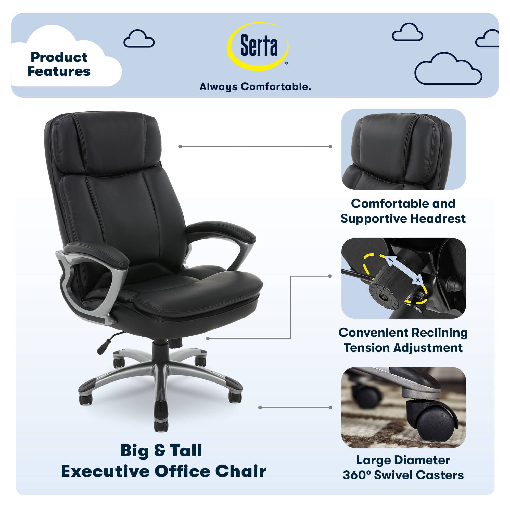 Angle. Serta - Fairbanks Bonded Leather Big and Tall Executive Office Chair - Black.