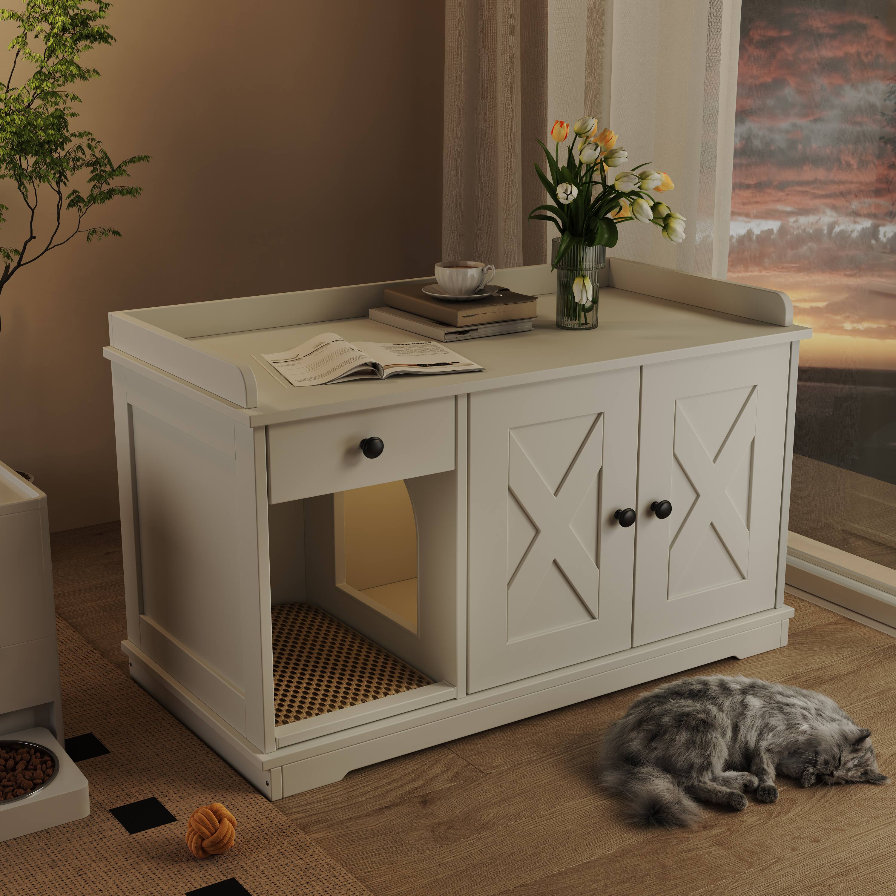 Left. Dexmalle - Dexmalle-Cat Litter Box Enclosure with Cat Litter Mat and Storage Drawer Side Table,for Living Room-White - White.