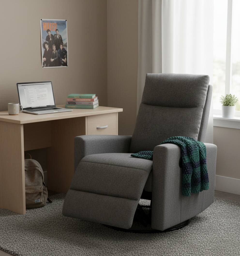 Angle. AOITUN - Gray Fabric 360 Swivel Rocker Recliner Chair, Plush Upholstered Glider with Side Pocket for Nursery & Living Room - Gray.