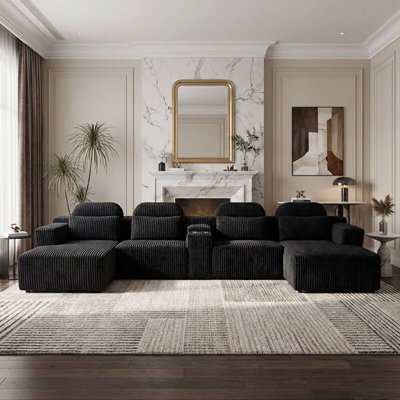 Angle. Anysun - 143.7" U-Shaped Velvet Sectional Sofa with Chaise Lounge & Cup Holders, Extra Large Modular Couch for Home - Black.
