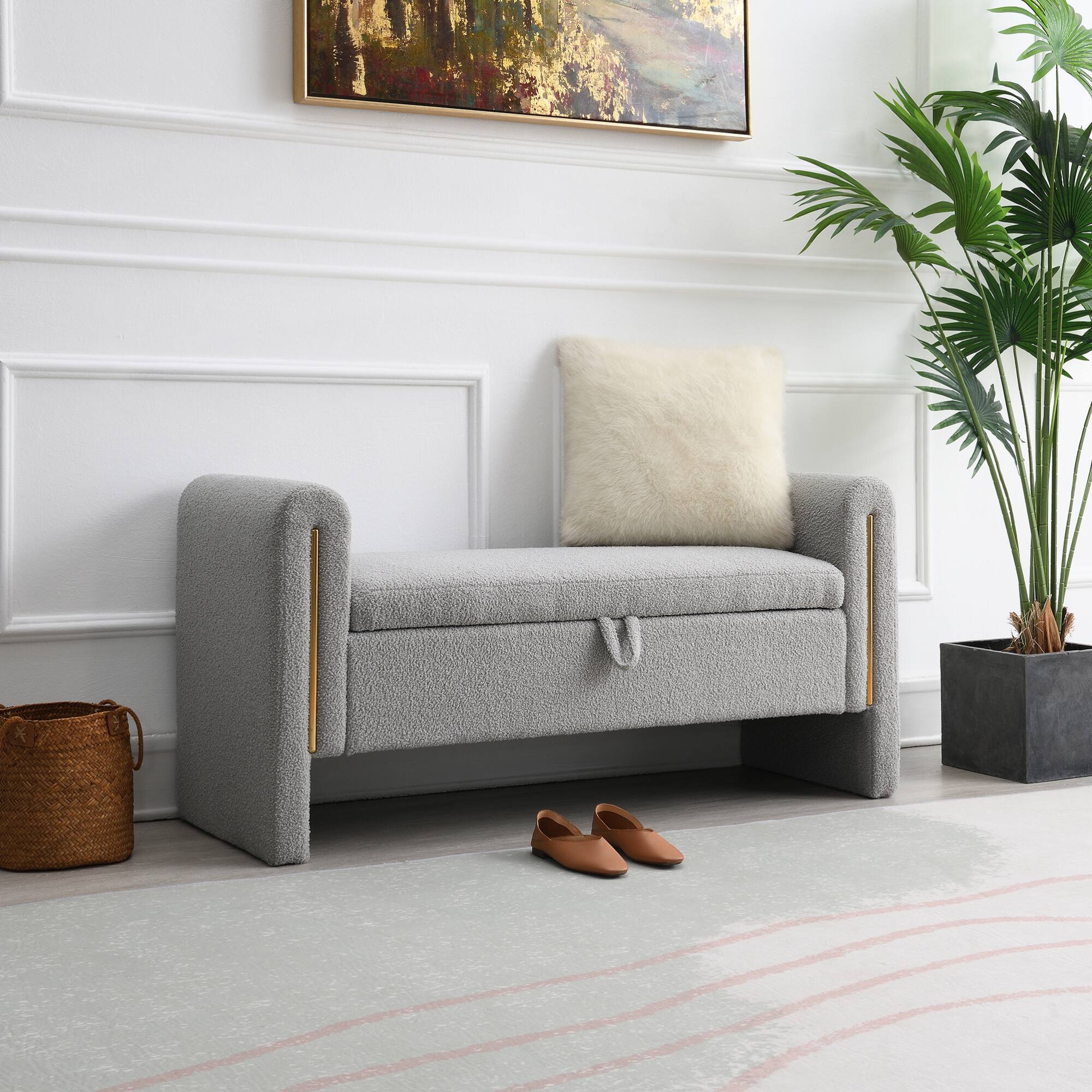 Angle. GOODSILO - Modern Upholstered Storage Bench with Arms, Large Foot Rest Stool for Living Room and Bedroom - Grey.