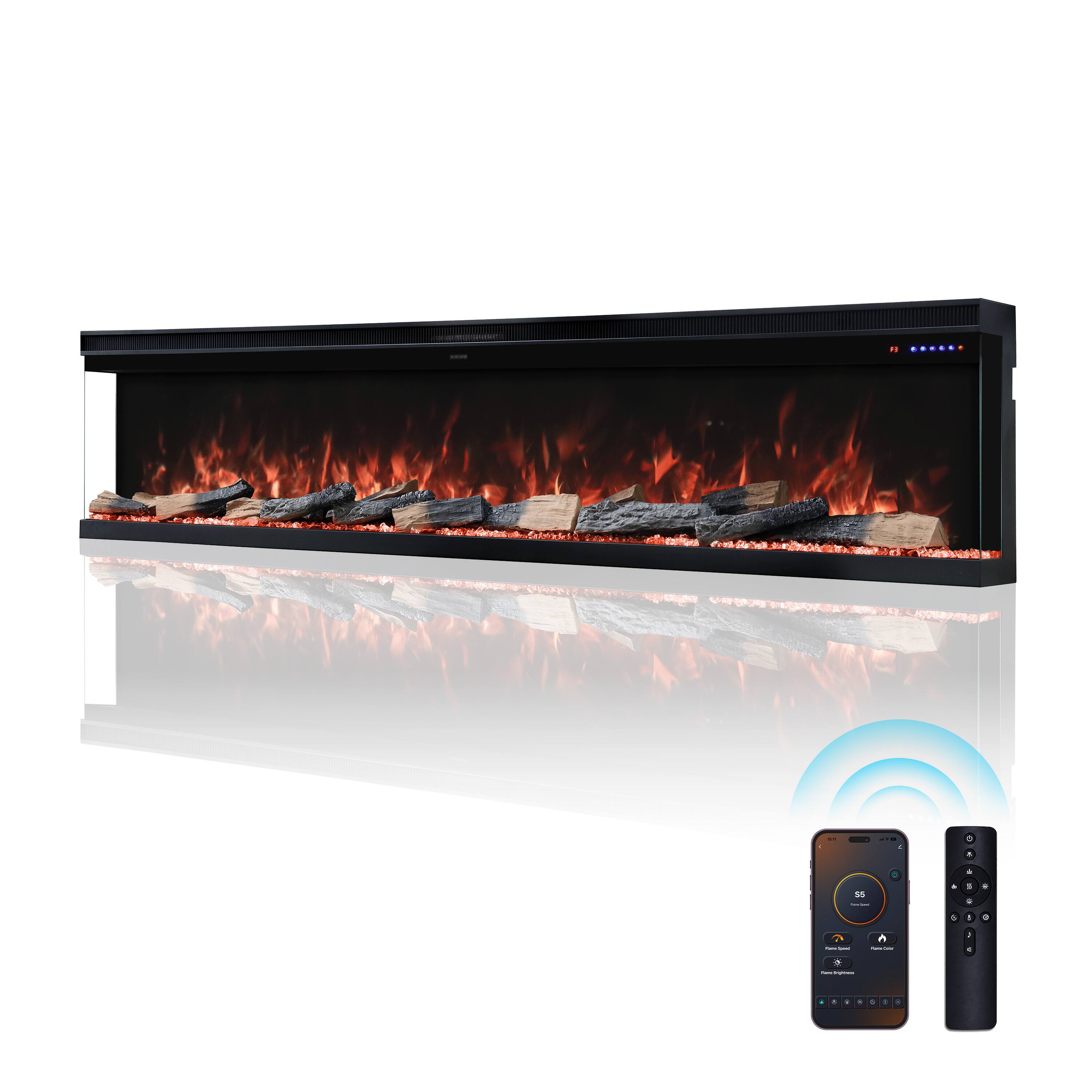 Angle. Mondawe - 88" 3-Sided Smart Electric Fireplace w/ 14 Flame Colors, WiFi App and Smart Control - Black.