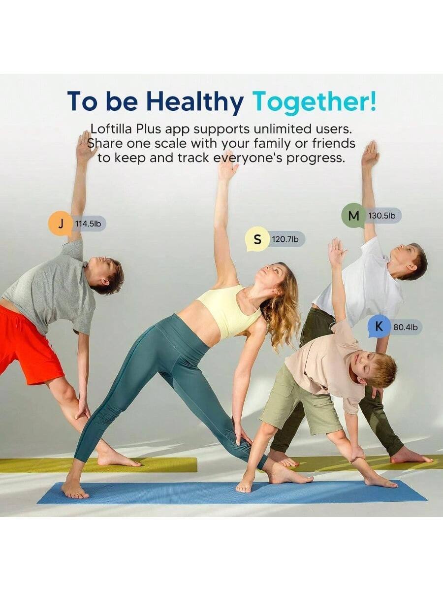To be Healthy Together!  
Loftilla Plus app supports unlimited users. Share one scale with your family or friends to keep and track everyone's progress.  

J 114.5lb  
S 120.7lb  
M 130.5lb  
K 80.4lb