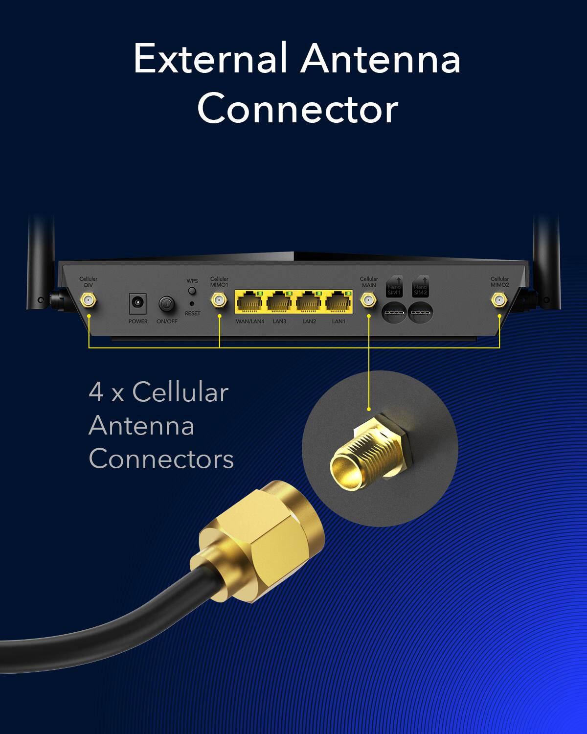 External Antenna Connector Cellular DNV WPS Cellular MAIN Hand SIM a a CM2 Cellular MIMO1 3 13 . Cellular MAIN Hand SIM a a CM2 Cellular MIMO2 RESET POWER AO/NO WAN/LAN LANA LANZ LANT LAXAX FO 4 X Cellular Antenna Connectors