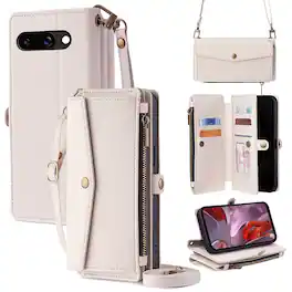 Dteck - Crossbody Wallet Case for Google Pixel 9a with Zipper Purse, Shockproof Protective Cover with Kickstand - White