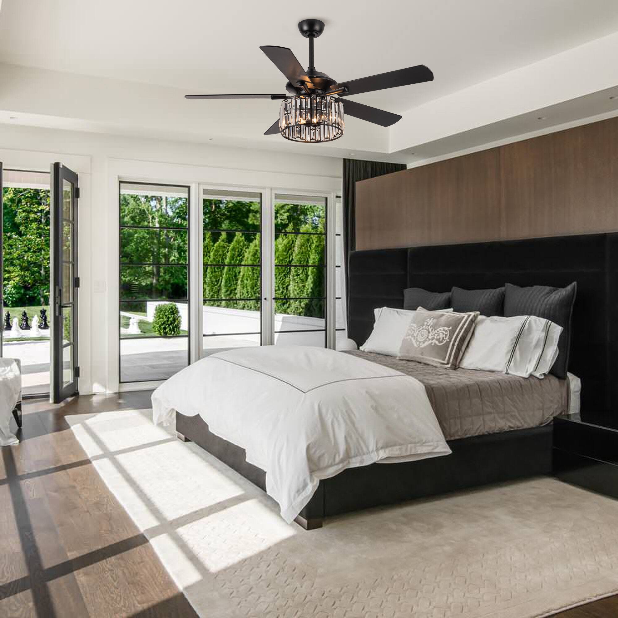 Back. Parrot Uncle - 52"Modern Crystal Chandelier Ceiling Fan with Light and Remote - Matte Black.