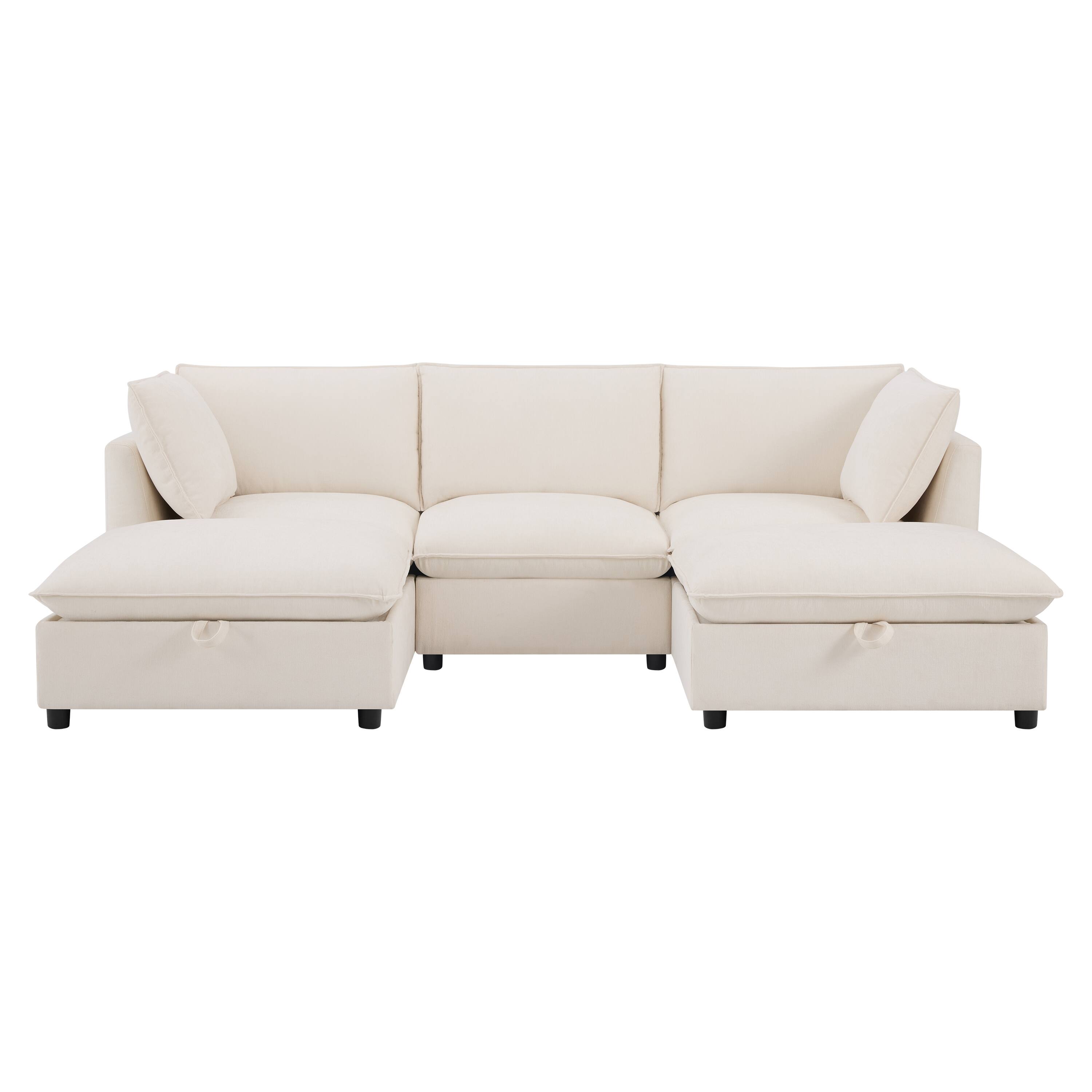 Back. Whisen - Modular U-Shaped Sectional Sofa with Fold-down Backrest Table & Cup Holders for Living Room - Beige.