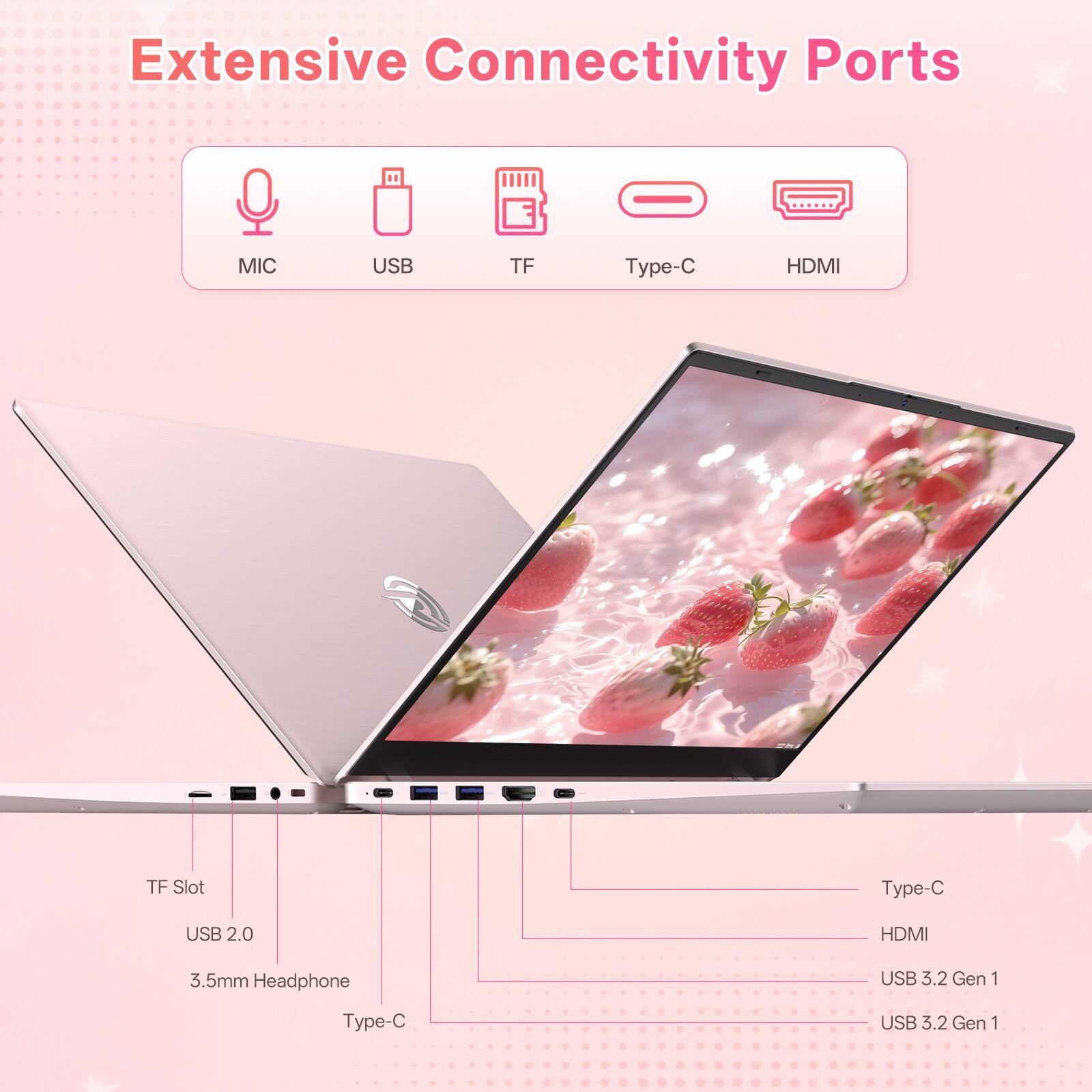 Extensive Connectivity Ports
- MIC
- USB
- TF
- Type-C
- HDMI
- TF Slot
- USB 2.0
- 3.5mm Headphone
- Type-C
- HDMI
- USB 3.2 Gen 1
- USB 3.2 Gen 1