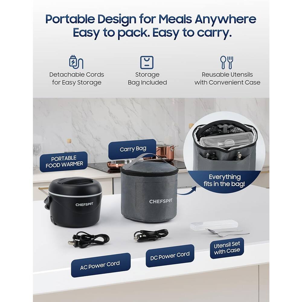 Portable Design for Meals Anywhere  
Easy to pack. Easy to carry.

- Detachable Cords for Easy Storage
- Storage Bag Included
- Reusable Utensils with Convenient Case

PORTABLE FOOD WARMER  
Everything fits in the bag!

- Carry Bag
- AC Power Cord
- DC Power Cord
- Utensil Set with Case

CHEFSPOT