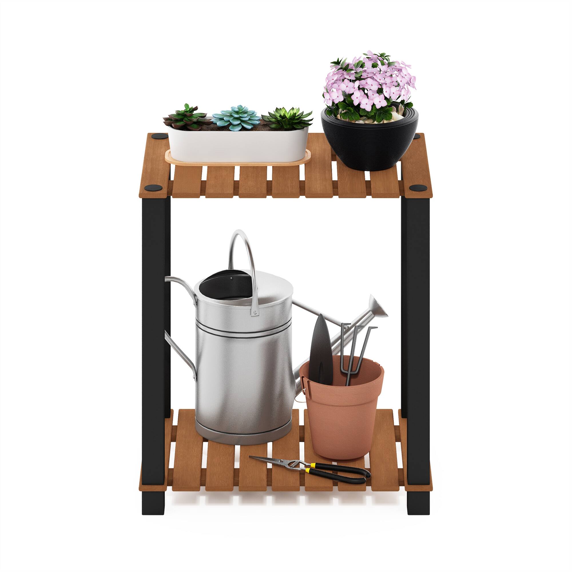 Alt View 4. Furinno - Pangkor 2-Tier Turn-N-Tube Indoor Outdoor Plant Shelf Small Rectangle Wood Stand with Square Poles - Natural/Black.